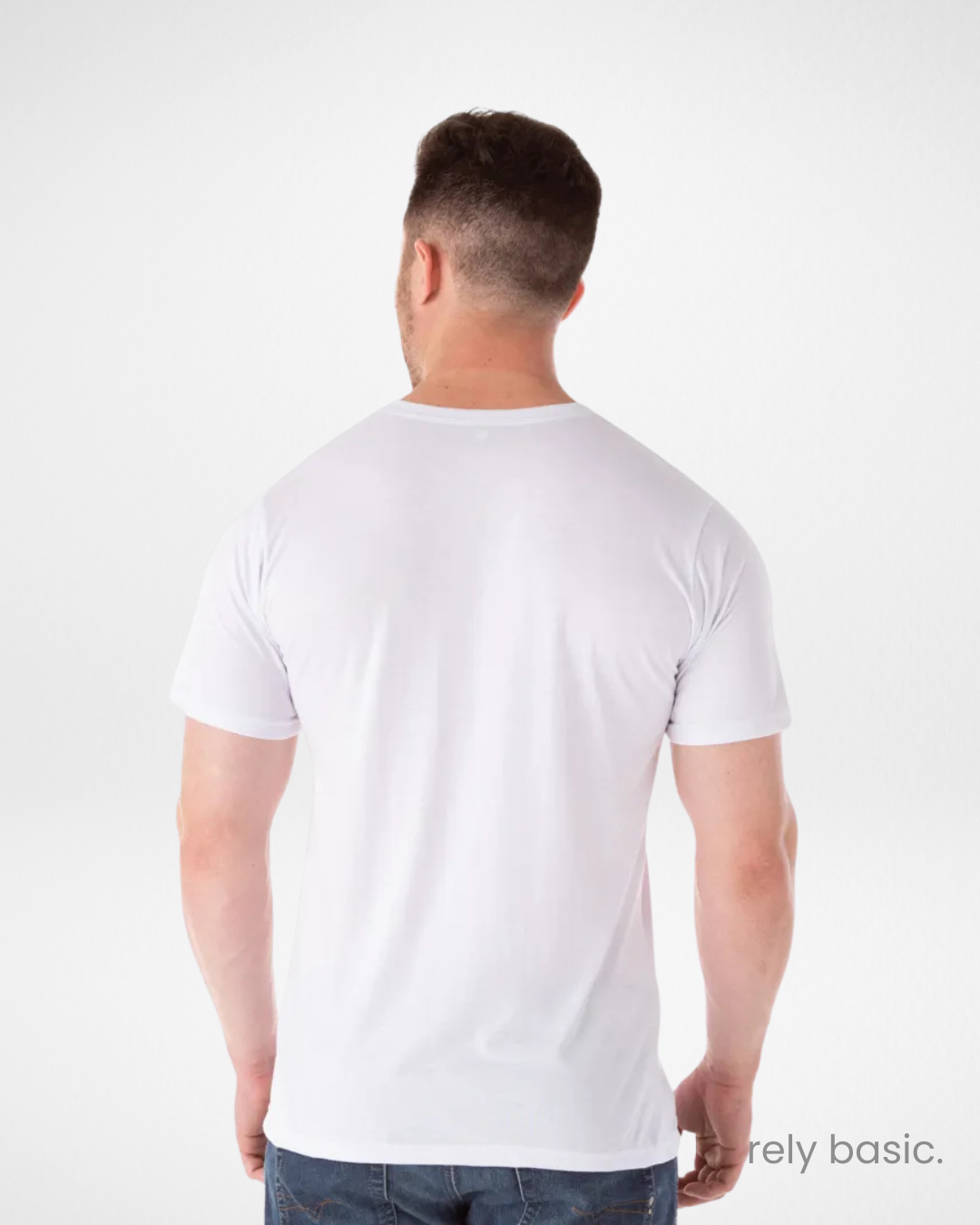 front and side view of men’s white lightweight breathable t-shirt; moisture-wicking and wrinkle-free white polyester crew neck tee; classic casual white men’s short sleeve shirt; lightweight summer performance t-shirt in white; versatile men’s white activewear top for gym and casual wear