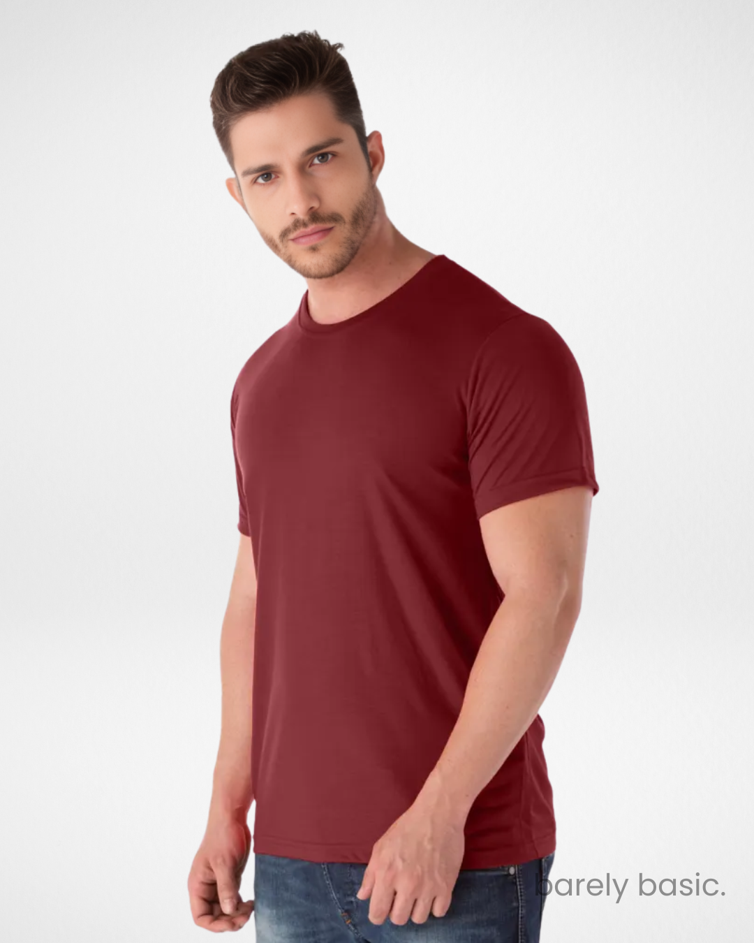 front view of men’s dark red lightweight performance t-shirt; breathable and moisture-wicking athletic red shirt for men; wrinkle-resistant dark red polyester crew neck tee; casual slim fit gym t-shirt in dark red; versatile men’s red short sleeve top for active lifestyle
