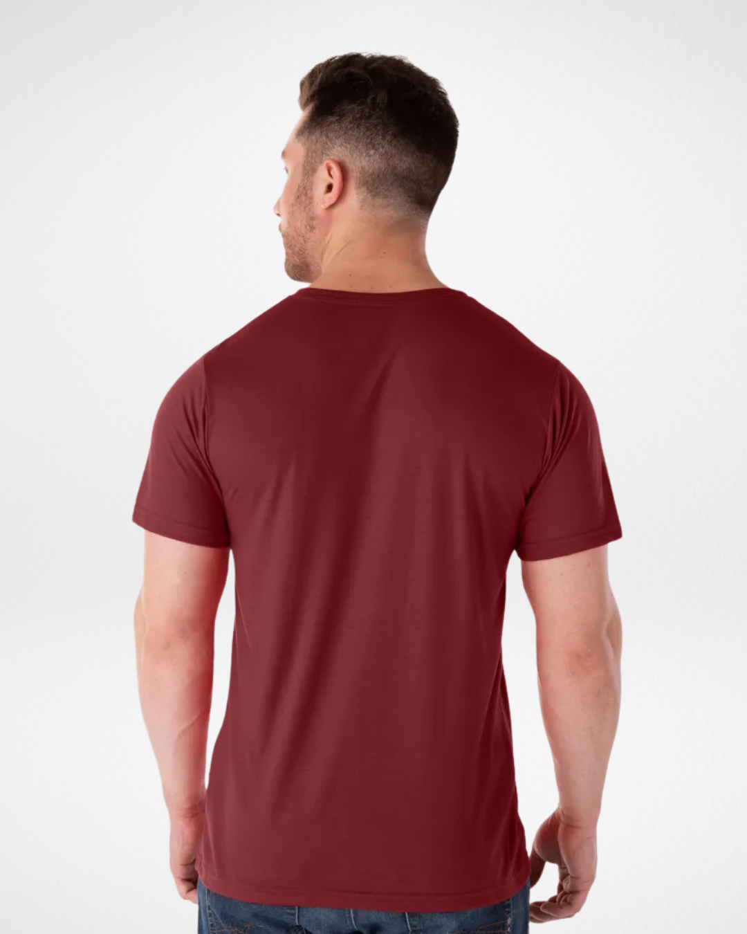 front view of men’s dark red lightweight performance t-shirt; breathable and moisture-wicking athletic red shirt for men; wrinkle-resistant dark red polyester crew neck tee; casual slim fit gym t-shirt in dark red; versatile men’s red short sleeve top for active lifestyle