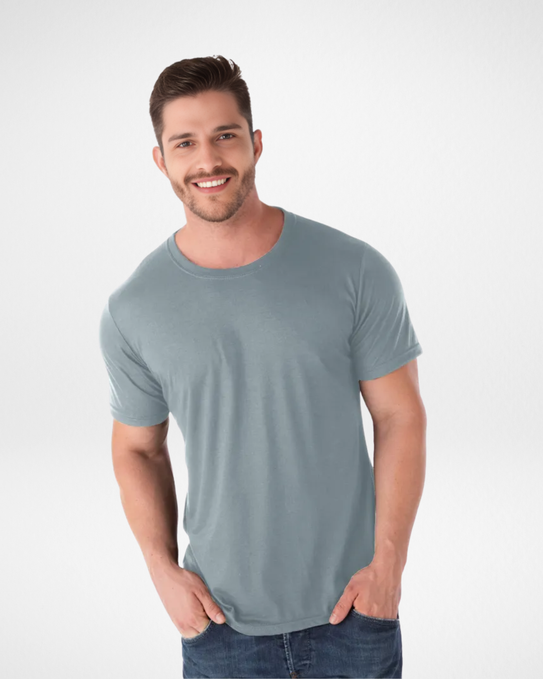 front and back close-up of men’s dark grey lightweight moisture-wicking t-shirt; wrinkle-resistant dark grey polyester athletic performance tee; breathable slim fit dark grey crew neck shirt for men; casual and versatile dark grey short sleeve gym t-shirt; men’s durable and soft dark grey activewear top