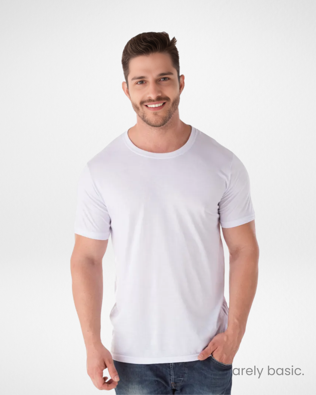 front and side view of men’s white lightweight breathable t-shirt; moisture-wicking and wrinkle-free white polyester crew neck tee; classic casual white men’s short sleeve shirt; lightweight summer performance t-shirt in white; versatile men’s white activewear top for gym and casual wear