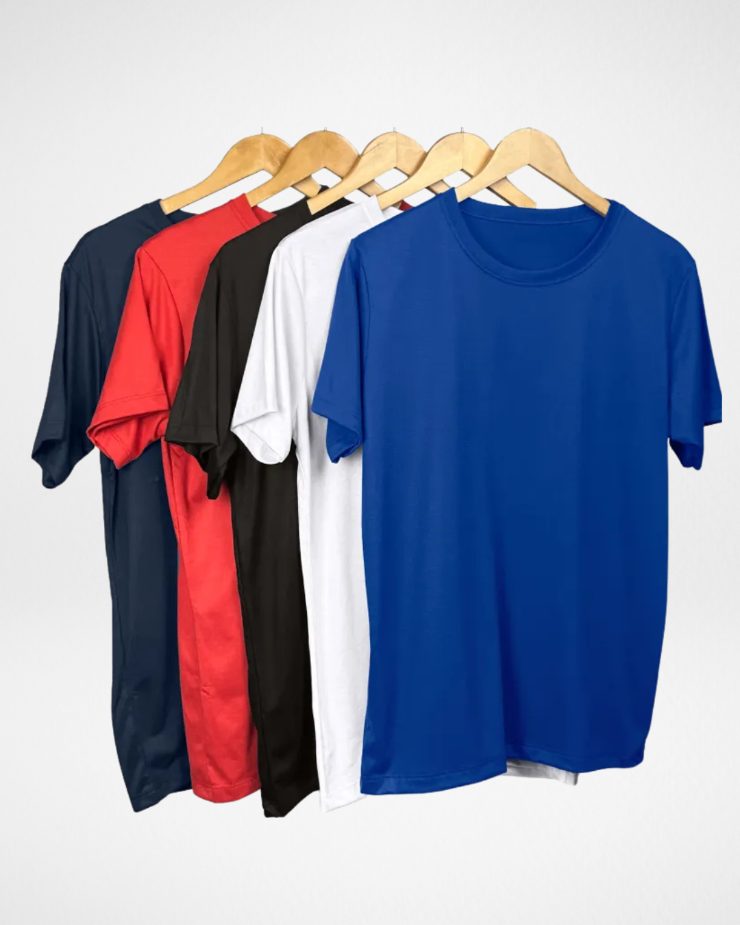 5-pack of men’s cool knit t-shirts in assorted colors; breathable lightweight t-shirts for men; front view of men’s crew neck cool knit tee; soft and quick-drying polyester-viscose shirts for summer; close-up of malha fria fabric texture; relaxed fit men’s t-shirts with classic neckline; black, white, navy, grey, and red men’s t-shirt set; everyday performance t-shirts for warm weather; men’s essential t-shirt bundle with breathable fabric; durable and fade-resistant malha fria t-shirts for men