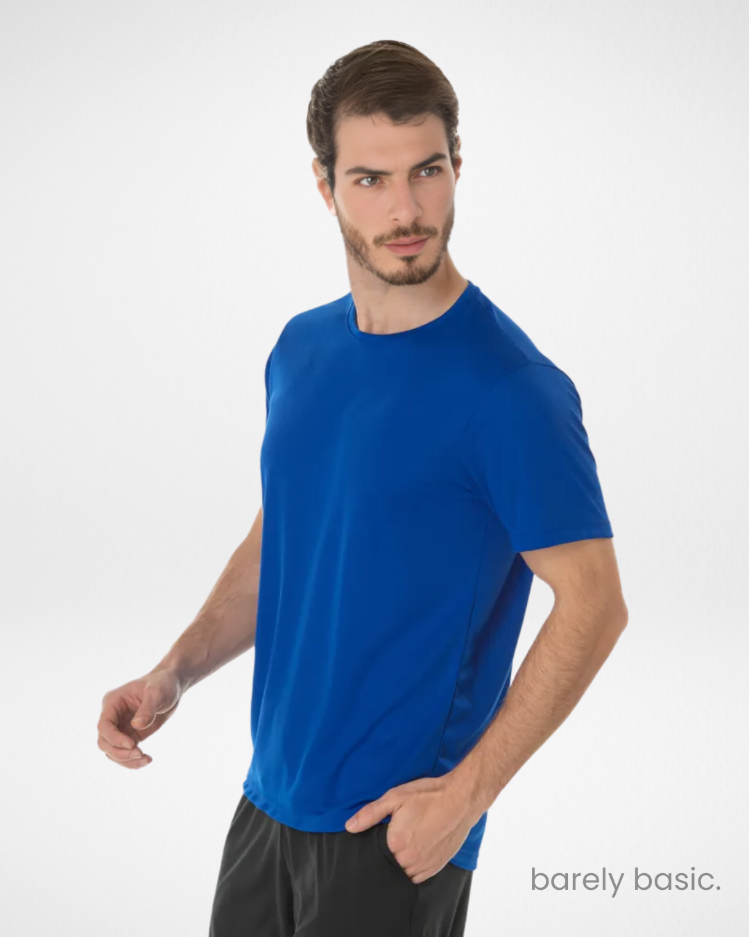 blue dry fit performance t-shirt for men; moisture-wicking and UV-blocking men’s athletic tee in blue; lightweight and breathable blue gym shirt; men’s quick-dry activewear in vibrant blue; stretch-fit blue workout shirt with sun protection