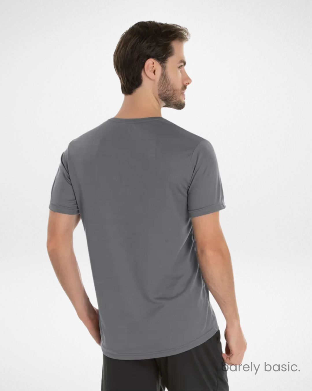 dark grey dry fit men’s athletic t-shirt with UV 30+ protection; breathable and sweat-resistant workout shirt in charcoal; performance gym shirt for men in dark grey; quick-dry sports tee in neutral dark tone; odor-resistant training shirt in dark grey
