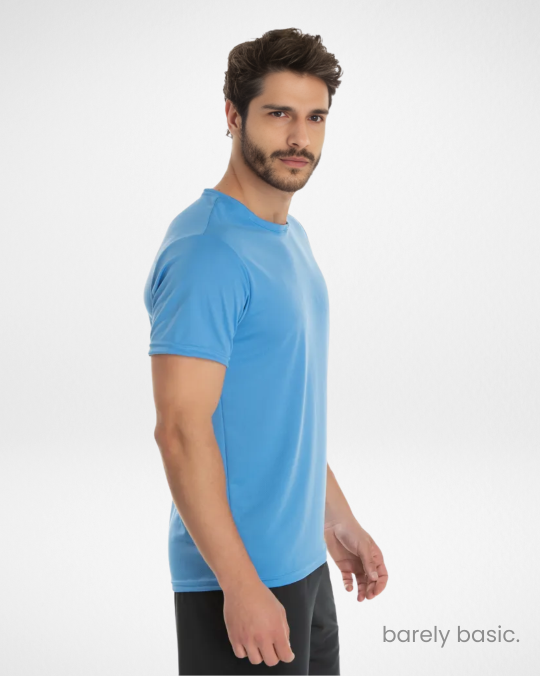 light blue dry fit shirt for men with UV 30+ protection; breathable and quick-drying light blue athletic t-shirt; men’s light blue workout tee for running and training; UV-blocking fabric in light blue for outdoor use; lightweight performance shirt in soft light blue tone