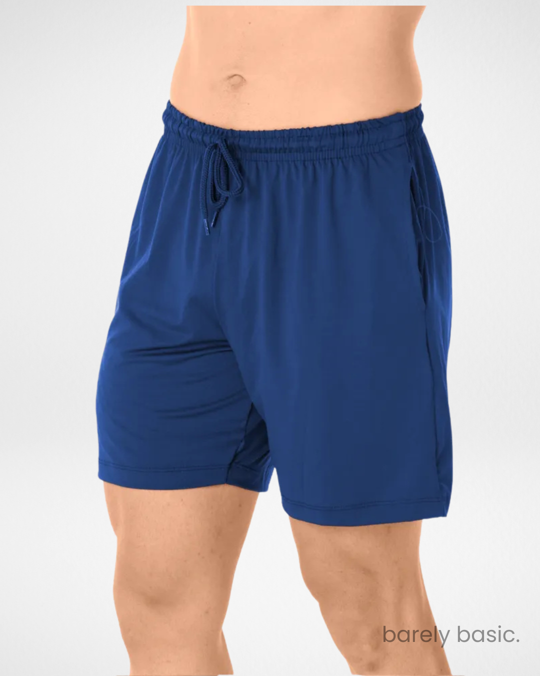 navy blue dry fit men’s shorts front and back; navy performance shorts with breathable fabric; lightweight navy shorts with elastic waistband; stretchable navy gym shorts for men; quick-drying navy blue training shorts