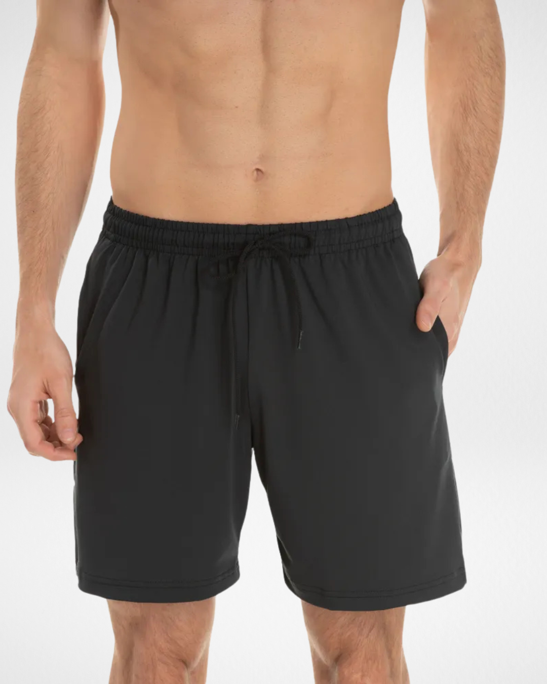 black dry fit shorts front view for men; lightweight and breathable black gym shorts; men’s black athletic shorts with elastic waistband; moisture-wicking polyester black shorts; black workout shorts with side pockets