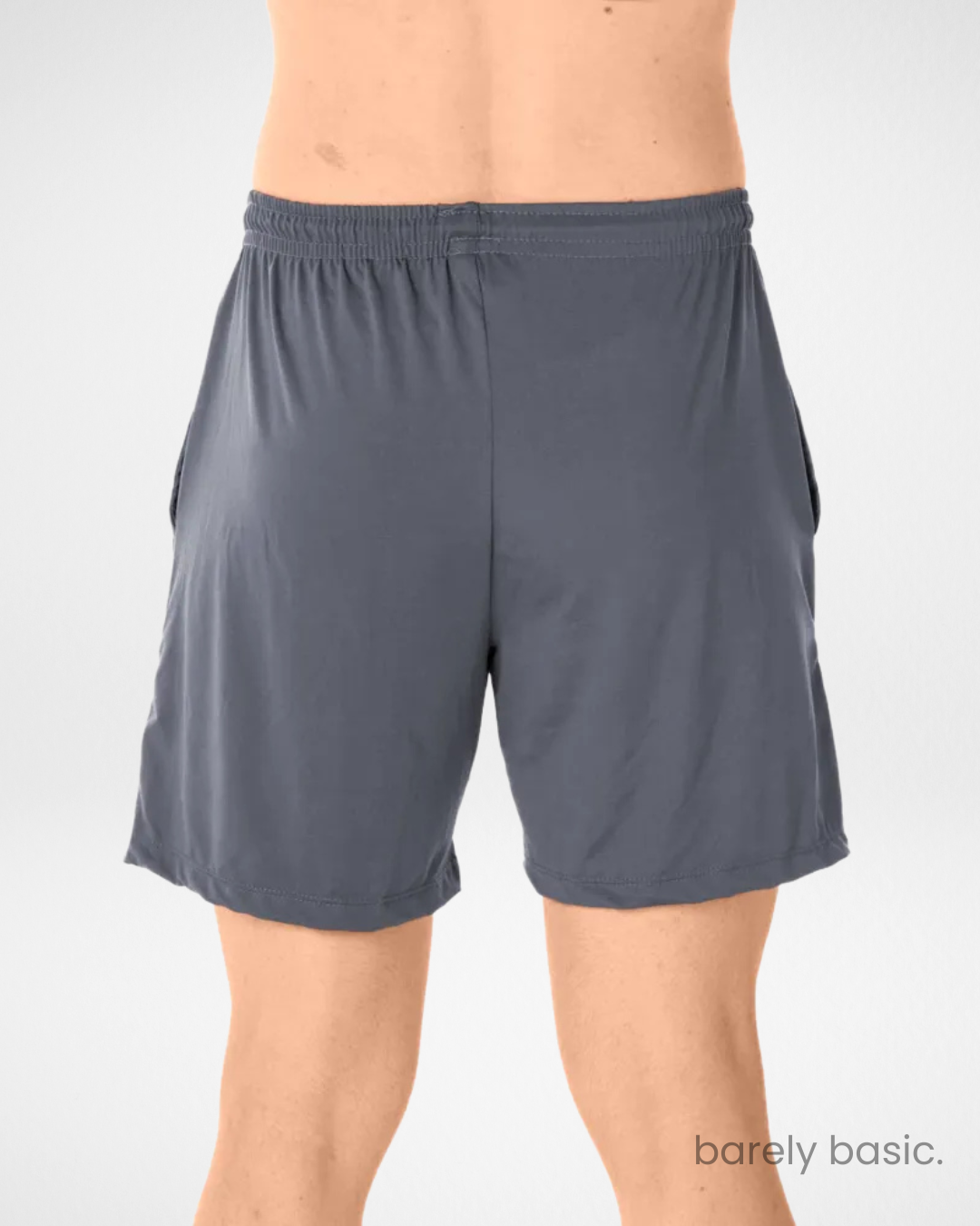 dark grey dry fit shorts for men side and front; breathable grey training shorts with relaxed fit; men’s grey athletic shorts with quick-dry technology; flexible grey shorts with drawstring waist; wrinkle-resistant men’s grey gym shorts