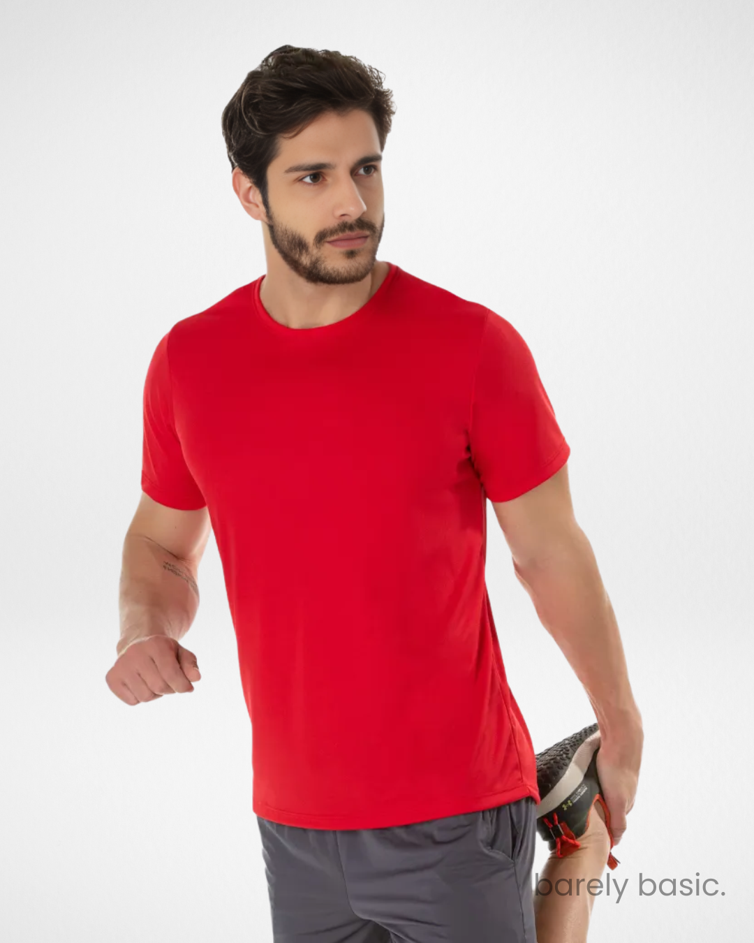 red dry fit t-shirt for men with UV 30+ protection; high-performance red athletic shirt with moisture control; breathable and quick-drying red workout tee; UV-resistant red sportswear for running and training; slim fit red gym shirt with lightweight fabric