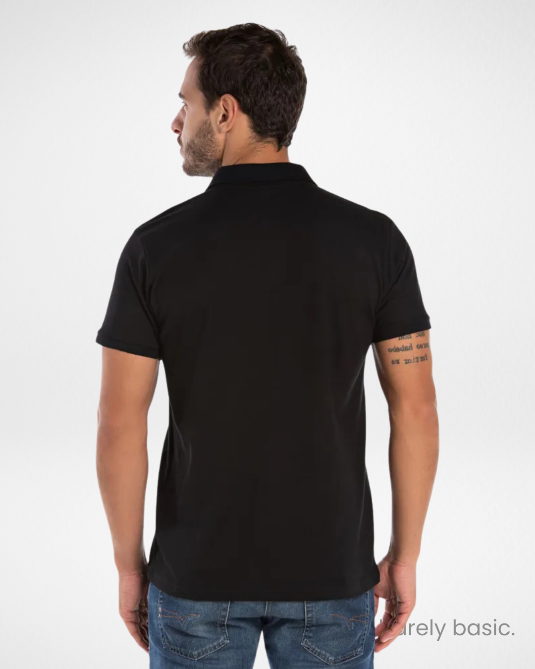 black piqué polo shirt for men with classic collar; soft and fitted black short sleeve polo; breathable black polo shirt for work or casual wear; men’s cotton blend black polo with button placket; modern and versatile black piqué polo shirt front and side view