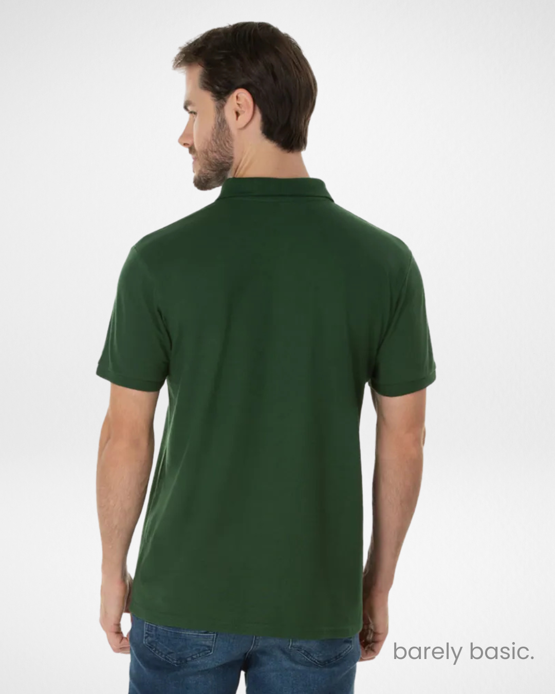 military green polo shirt for men made of piqué cotton blend; modern and bold green polo for everyday outfits; short sleeve polo shirt in army green with classic cut; ribbed collar military green polo front view; breathable and stylish polo shirt in military green