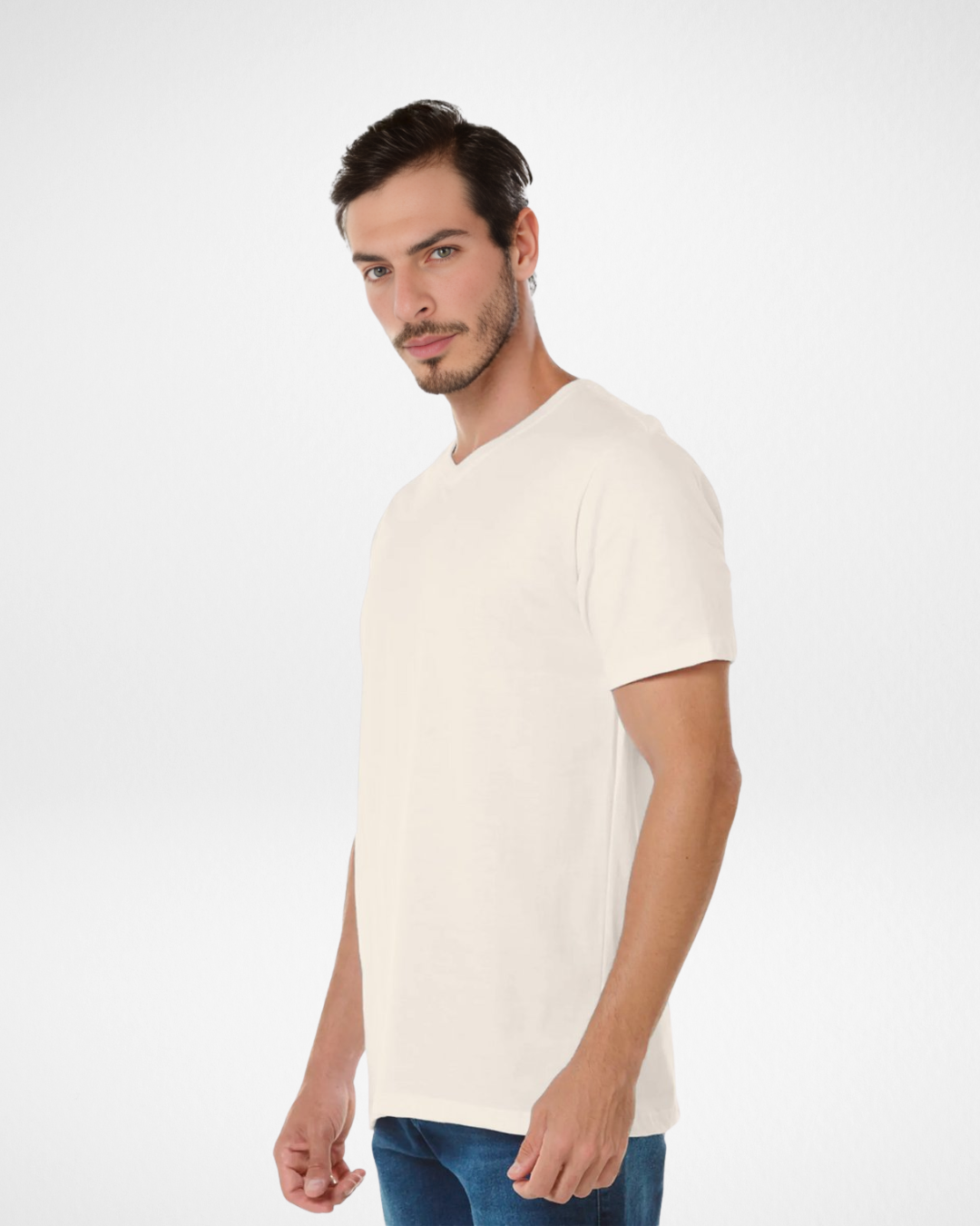 off white premium cotton v-neck t-shirt for men front view; minimalist men’s off white v-neck shirt with tailored fit; soft and breathable off white cotton fabric close-up; men’s casual v-neck cotton tee in off white color; comfortable and stylish off white men’s basic cotton t-shirt