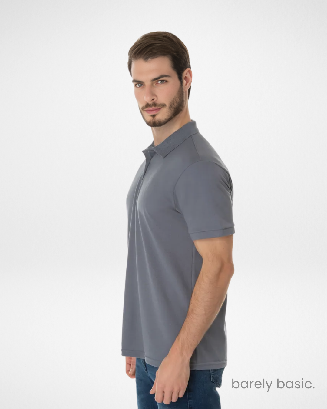 dark grey piqué polo shirt front and angled view; subtle and elegant grey polo for men; cotton blend dark grey shirt with classic fit; textured and breathable dark grey piqué fabric; casual and refined men’s polo in dark grey tone