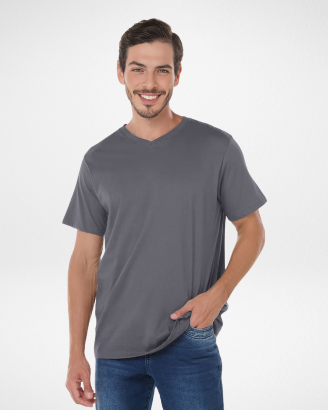 men’s grey premium cotton v-neck t-shirt front view; back view of men’s grey v-neck t-shirt; close-up of grey cotton fabric texture; model wearing grey cotton v-neck t-shirt; fitted grey v-neck t-shirt for men; breathable cotton shirt in grey; casual men’s outfit with grey t-shirt; detailed stitching on premium grey cotton shirt; side view of men’s grey v-neck tee; high-quality grey cotton men’s t-shirt close-up