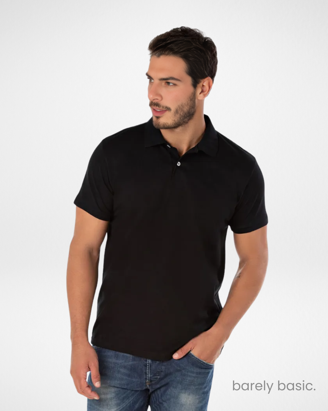 black piqué polo shirt for men with classic collar; soft and fitted black short sleeve polo; breathable black polo shirt for work or casual wear; men’s cotton blend black polo with button placket; modern and versatile black piqué polo shirt front and side view