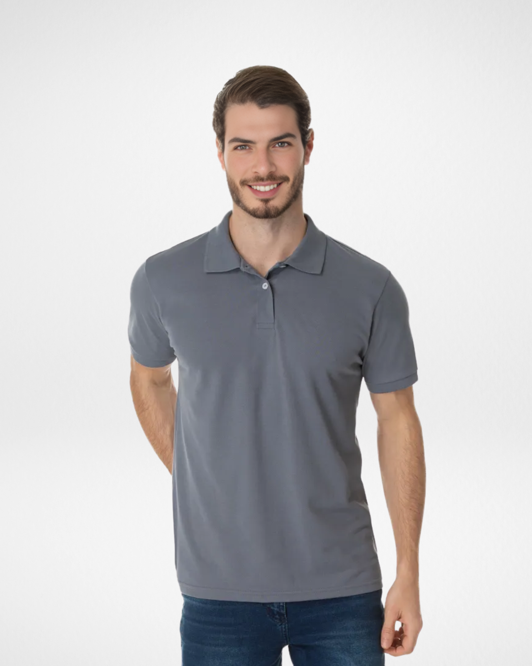 Alt Text: dark grey piqué polo shirt front and angled view; subtle and elegant grey polo for men; cotton blend dark grey shirt with classic fit; textured and breathable dark grey piqué fabric; casual and refined men’s polo in dark grey tone