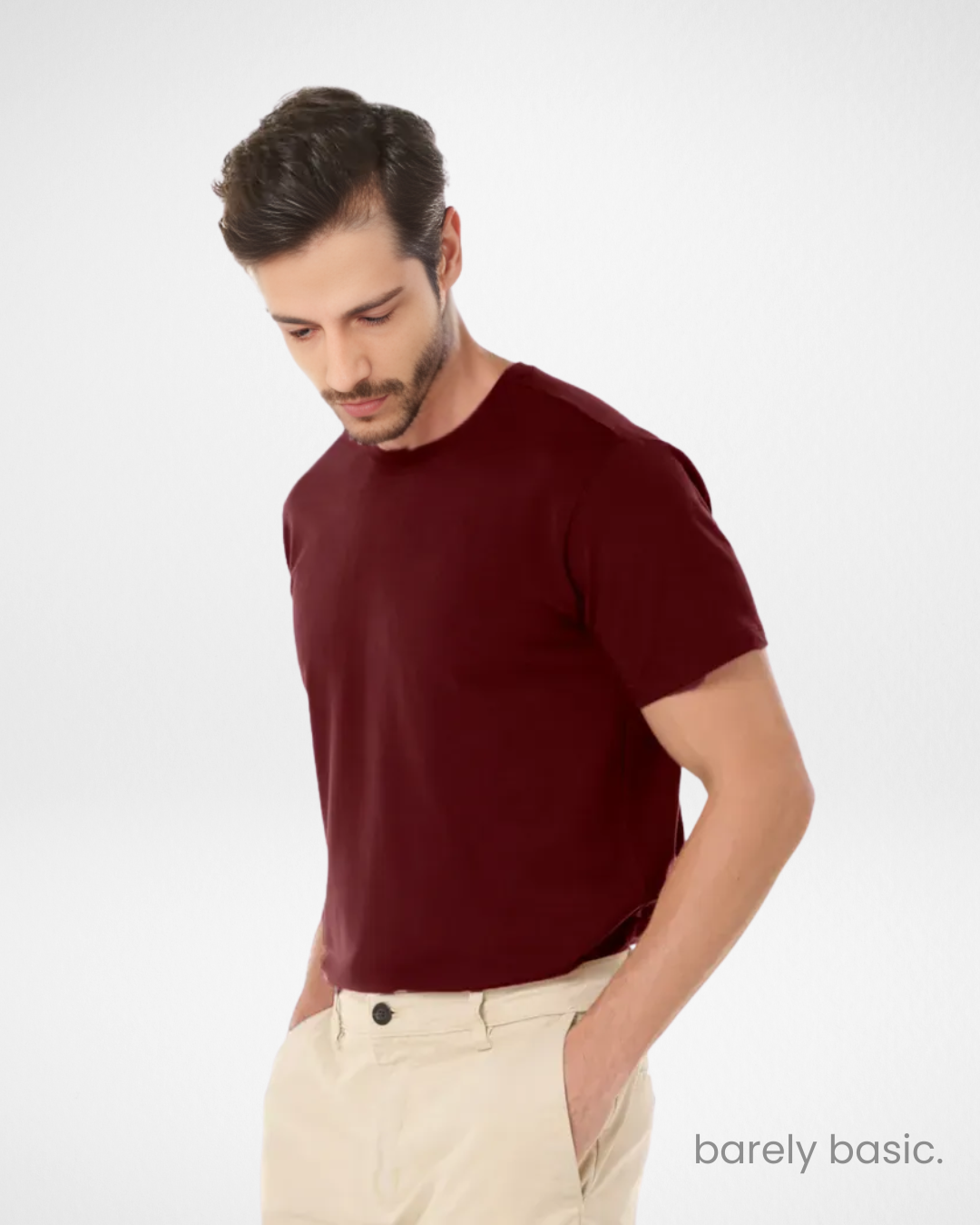 dark red tech modal men’s t-shirt front view; performance red shirt with breathable fabric and stretch; dark red athletic tee for gym and casual wear; odor-resistant and soft modal blend close-up; wrinkle-resistant dark red activewear shirt