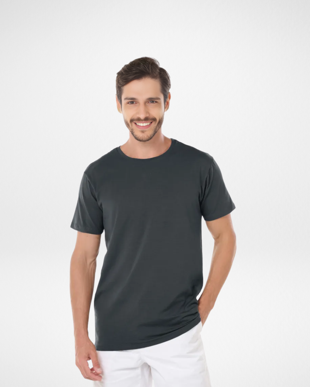 dark grey tech modal shirt for men front view; performance dark grey t-shirt with slim fit; breathable and stretch dark grey shirt for everyday wear; moisture-wicking and odor-resistant dark grey modal fabric; stylish and durable dark grey tech tee