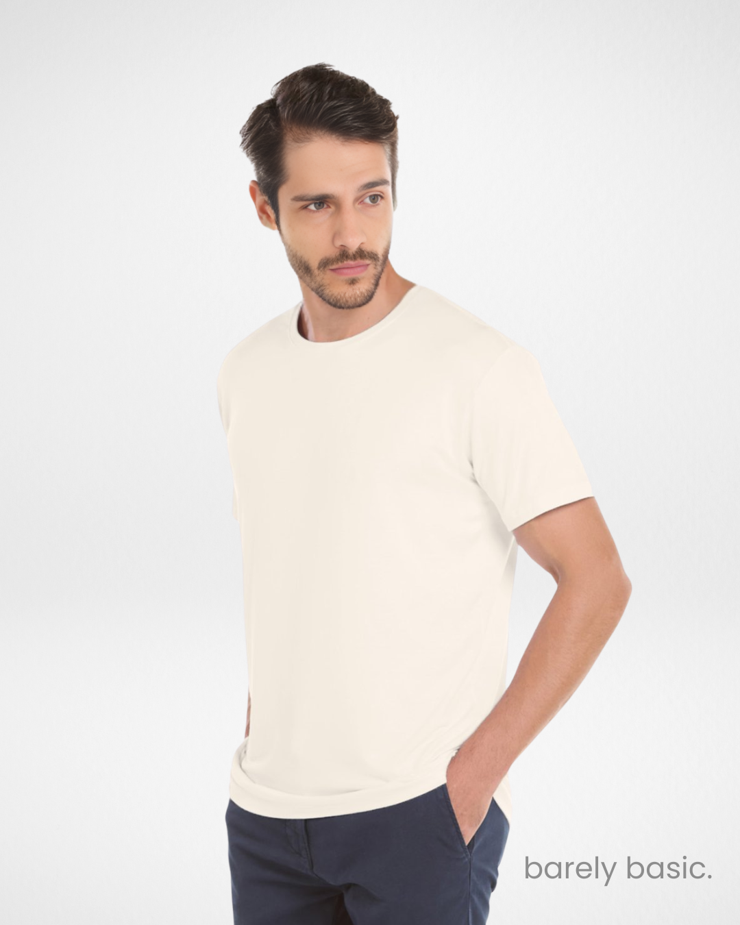 off white tech modal t-shirt for men front view; men’s off white performance tee with athletic cut; breathable and lightweight off white modal shirt; close-up of soft off white tech fabric; wrinkle-resistant and odor-control off white t-shirt