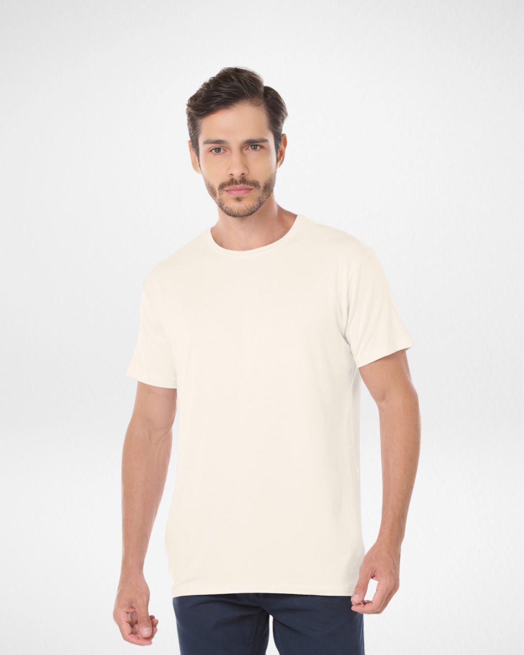 off white tech modal t-shirt for men front view; men’s off white performance tee with athletic cut; breathable and lightweight off white modal shirt; close-up of soft off white tech fabric; wrinkle-resistant and odor-control off white t-shirt