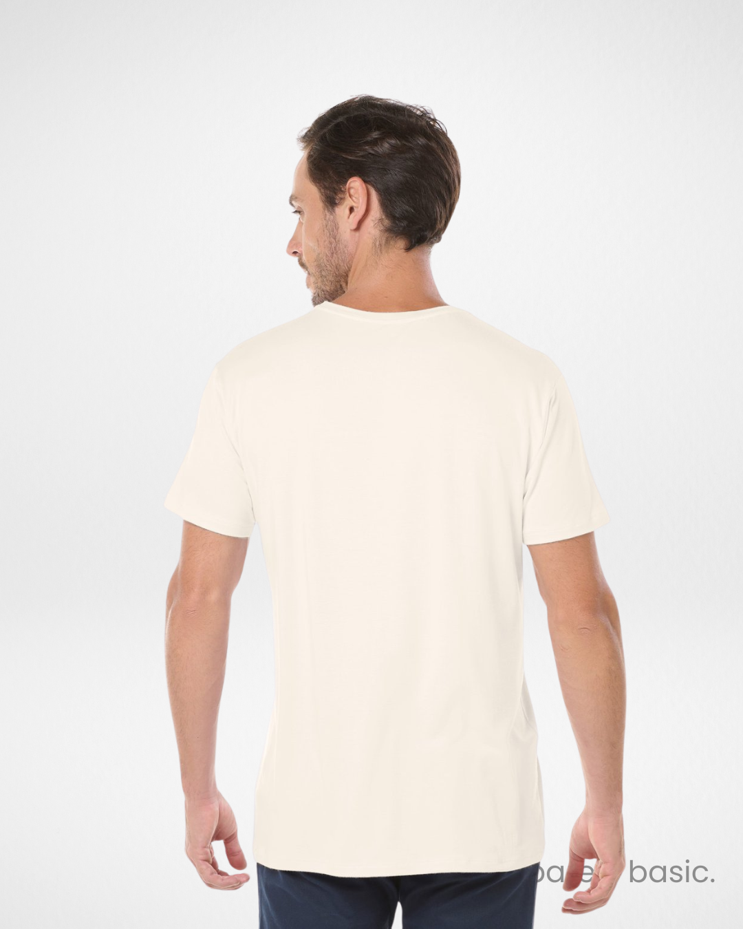 off white tech modal t-shirt for men front view; men’s off white performance tee with athletic cut; breathable and lightweight off white modal shirt; close-up of soft off white tech fabric; wrinkle-resistant and odor-control off white t-shirt