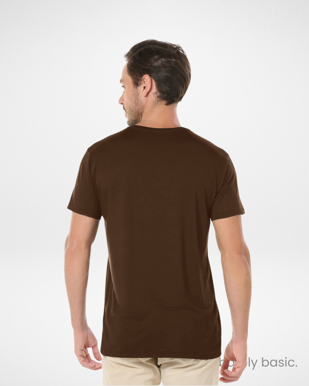 brown tech modal shirt for men front and back; breathable and moisture-wicking brown t-shirt; soft stretch modal tee in brown for everyday use; wrinkle-resistant and odor-free brown activewear shirt; close-up of brown tech modal fabric texture