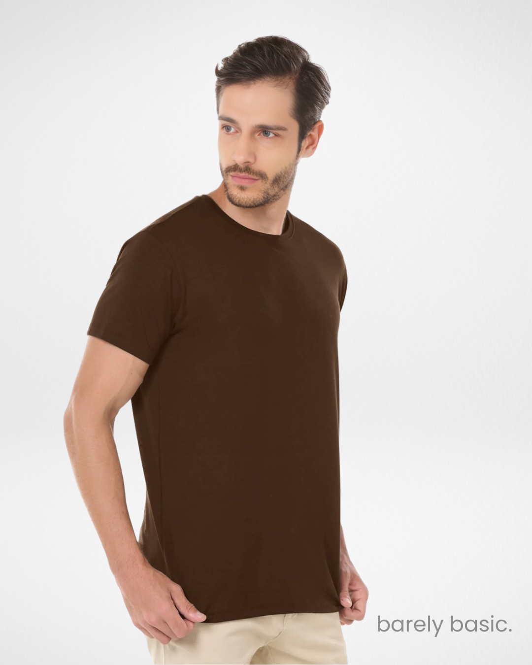 brown tech modal shirt for men front and back; breathable and moisture-wicking brown t-shirt; soft stretch modal tee in brown for everyday use; wrinkle-resistant and odor-free brown activewear shirt; close-up of brown tech modal fabric texture