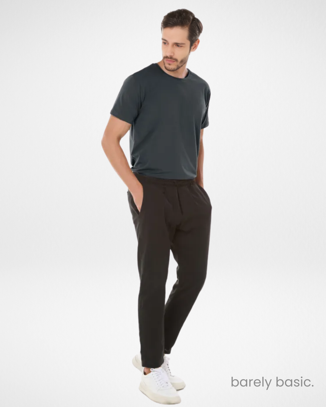 dark grey tech modal shirt for men front view; performance dark grey t-shirt with slim fit; breathable and stretch dark grey shirt for everyday wear; moisture-wicking and odor-resistant dark grey modal fabric; stylish and durable dark grey tech tee