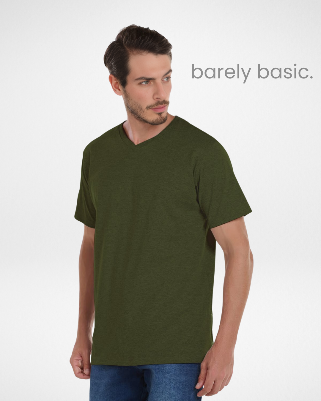 men’s military green premium cotton v-neck t-shirt front view; back view of men’s military green v-neck t-shirt; close-up of military green cotton fabric texture; model wearing military green cotton v-neck t-shirt; fitted military green v-neck t-shirt for men; breathable cotton shirt in military green; casual men’s outfit with military green t-shirt; detailed stitching on premium military green cotton shirt; side view of men’s military green v-neck tee; high-quality military green cotton men’s t-shirt close