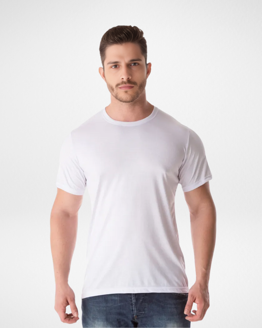 front and side view of men’s white lightweight breathable t-shirt; moisture-wicking and wrinkle-free white polyester crew neck tee; classic casual white men’s short sleeve shirt; lightweight summer performance t-shirt in white; versatile men’s white activewear top for gym and casual wear