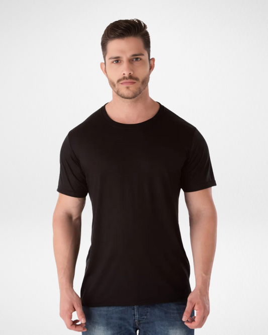 front and back view of men’s black lightweight moisture-wicking t-shirt; wrinkle-resistant black polyester athletic performance tee; breathable black slim fit crew neck shirt; men’s black casual short sleeve t-shirt for gym and lifestyle; versatile black sportswear tee for men