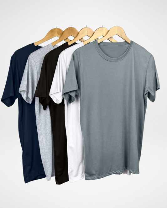 5-pack of men’s cool knit t-shirts in assorted colors; breathable lightweight t-shirts for men; front view of men’s crew neck cool knit tee; soft and quick-drying polyester-viscose shirts for summer; close-up of malha fria fabric texture; relaxed fit men’s t-shirts with classic neckline; black, white, navy, grey, and red men’s t-shirt set; everyday performance t-shirts for warm weather; men’s essential t-shirt bundle with breathable fabric; durable and fade-resistant malha fria t-shirts for men