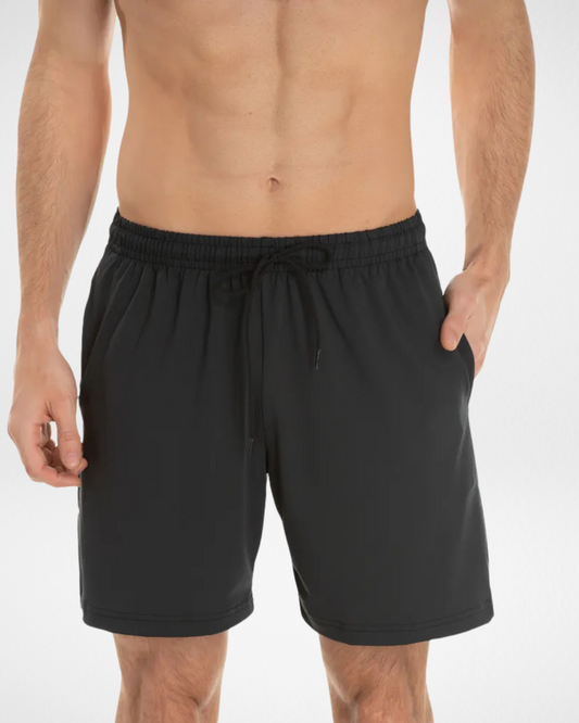 black dry fit shorts front view for men; lightweight and breathable black gym shorts; men’s black athletic shorts with elastic waistband; moisture-wicking polyester black shorts; black workout shorts with side pockets