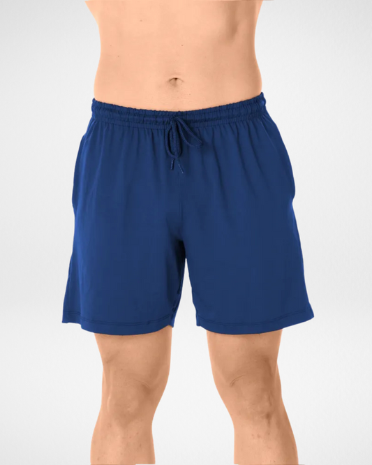 navy blue dry fit men’s shorts front and back; navy performance shorts with breathable fabric; lightweight navy shorts with elastic waistband; stretchable navy gym shorts for men; quick-drying navy blue training shorts