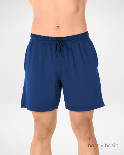 navy blue dry fit men’s shorts front and back; navy performance shorts with breathable fabric; lightweight navy shorts with elastic waistband; stretchable navy gym shorts for men; quick-drying navy blue training shorts