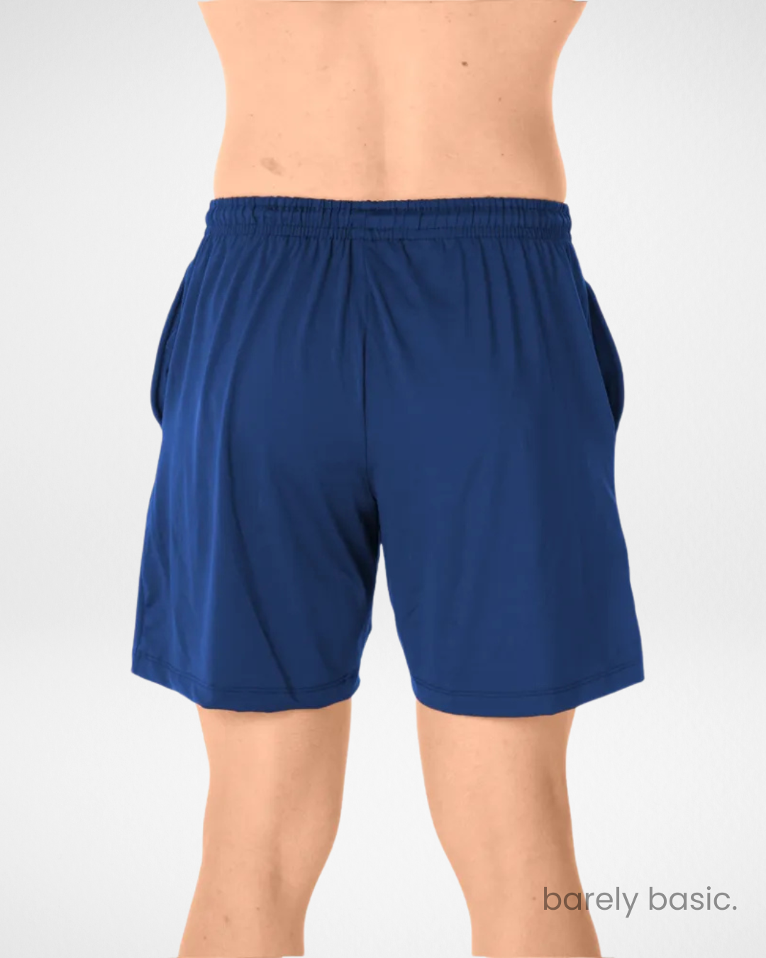 navy blue dry fit men’s shorts front and back; navy performance shorts with breathable fabric; lightweight navy shorts with elastic waistband; stretchable navy gym shorts for men; quick-drying navy blue training shorts