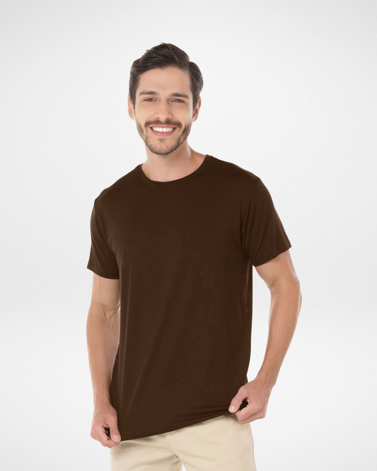 brown tech t-shirt front view for men; folded brown athletic shirts bundle; earthy tone performance shirt for men; model wearing brown tech crew neck shirt; breathable brown t-shirt for stylish looks; quick-dry modal blend shirt in brown; classic fit brown shirt for everyday wear; soft and odor-resistant brown tee for men; casual brown shirt with tech finish; premium brown shirt for active lifestyle