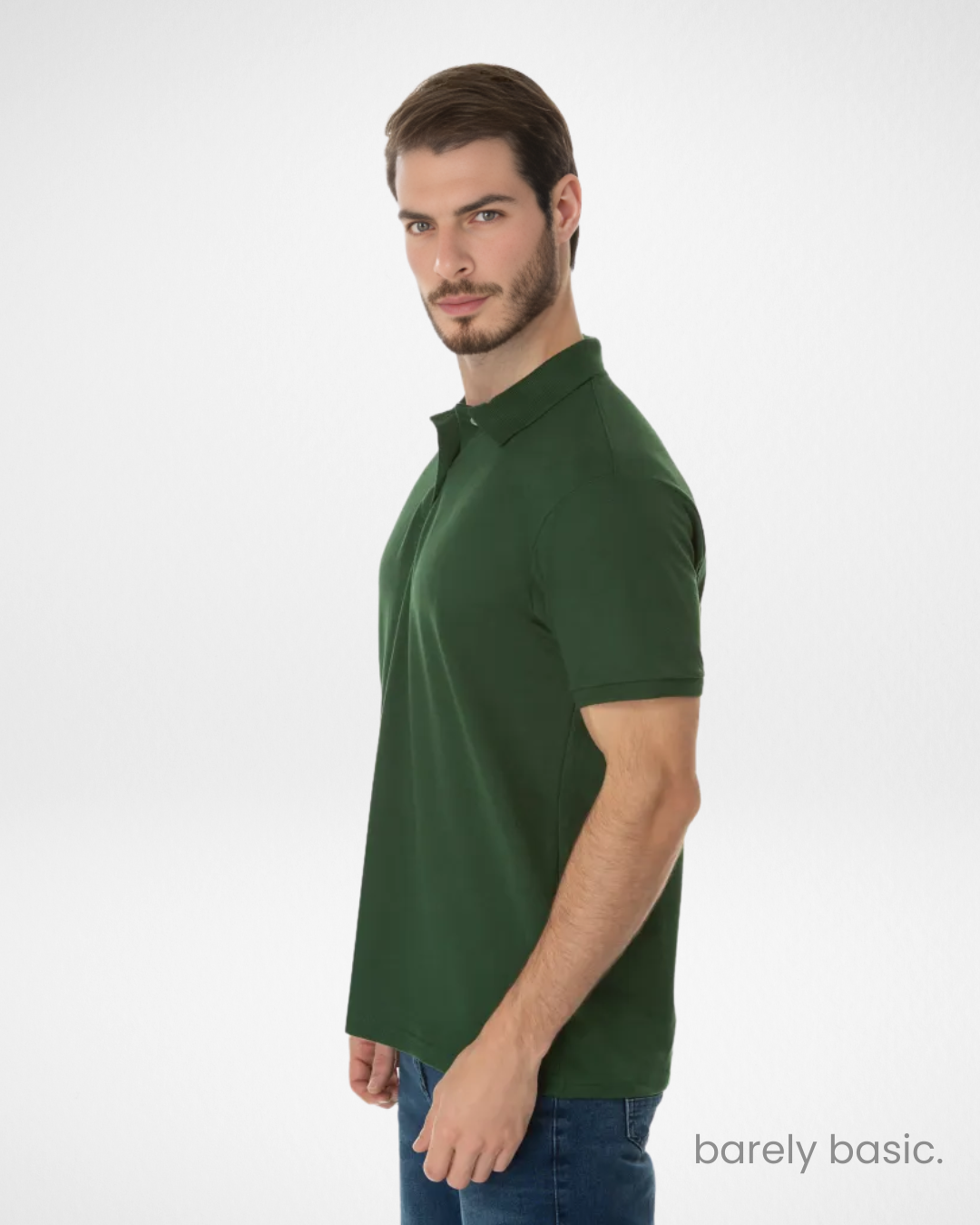 military green polo shirt for men made of piqué cotton blend; modern and bold green polo for everyday outfits; short sleeve polo shirt in army green with classic cut; ribbed collar military green polo front view; breathable and stylish polo shirt in military green