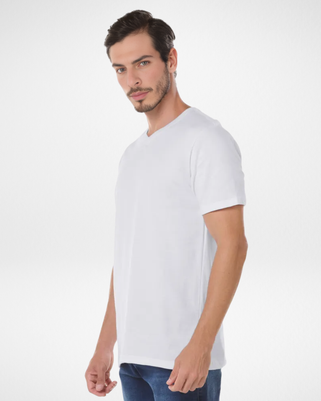men’s white premium cotton v-neck t-shirt front view; back view of men’s white v-neck t-shirt; close-up of white cotton fabric texture; model wearing white cotton v-neck t-shirt; fitted white v-neck t-shirt for men; breathable cotton shirt in white; casual men’s outfit with white t-shirt; detailed stitching on premium white cotton shirt; side view of men’s white v-neck tee; high-quality white cotton men’s t-shirt close-up