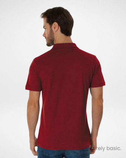 red piqué polo shirt for men front view; vibrant red men’s polo with short sleeves and button collar; breathable cotton-blend red polo for everyday comfort; smart casual red polo shirt with ribbed collar; classic fit red polo for versatile men’s wardrobe