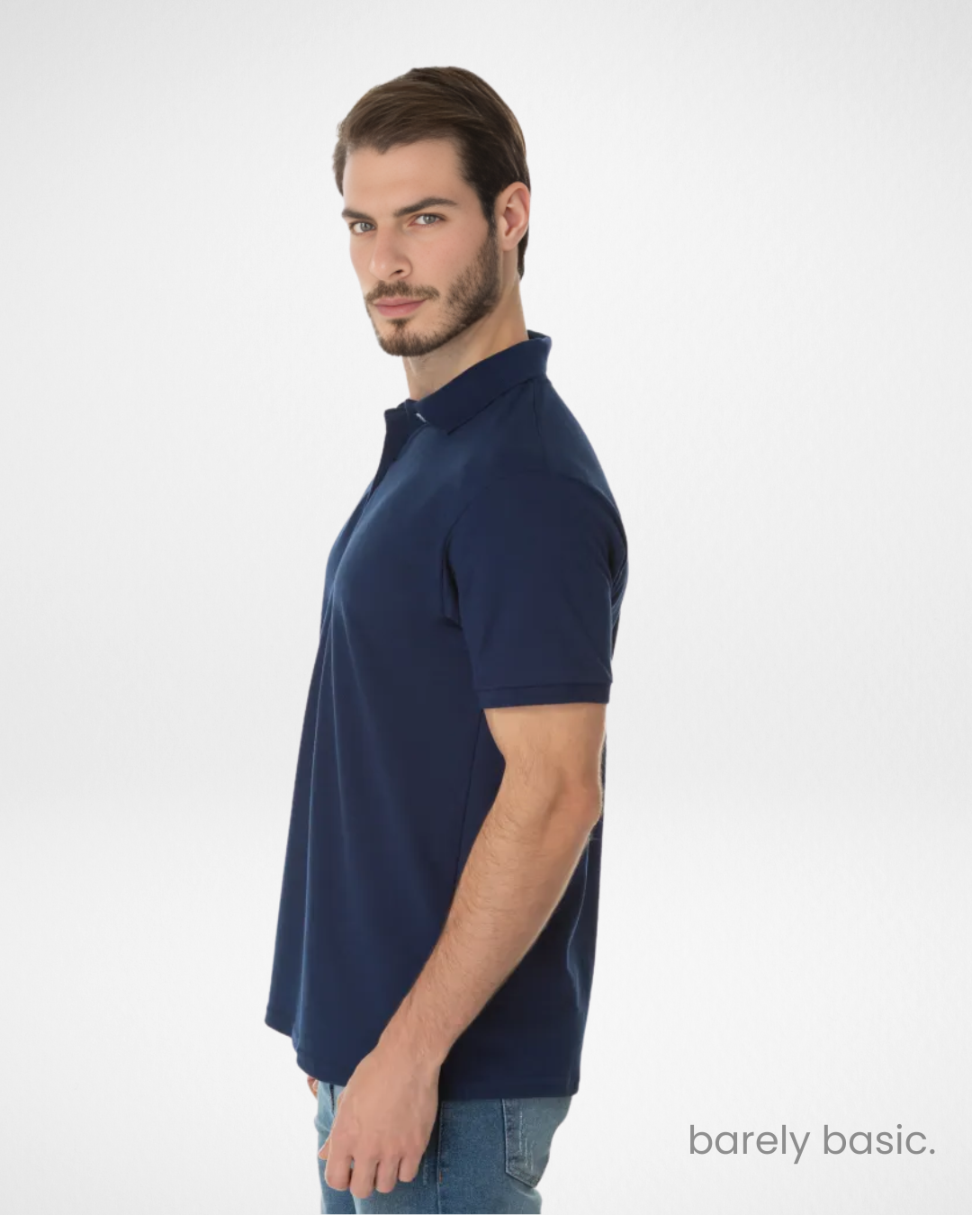 navy blue piqué polo shirt for men front view; classic navy blue short sleeve polo with ribbed details; breathable and stylish navy men’s polo shirt; smart-casual navy piqué polo for everyday use; soft textured navy blue cotton blend polo for versatile outfits