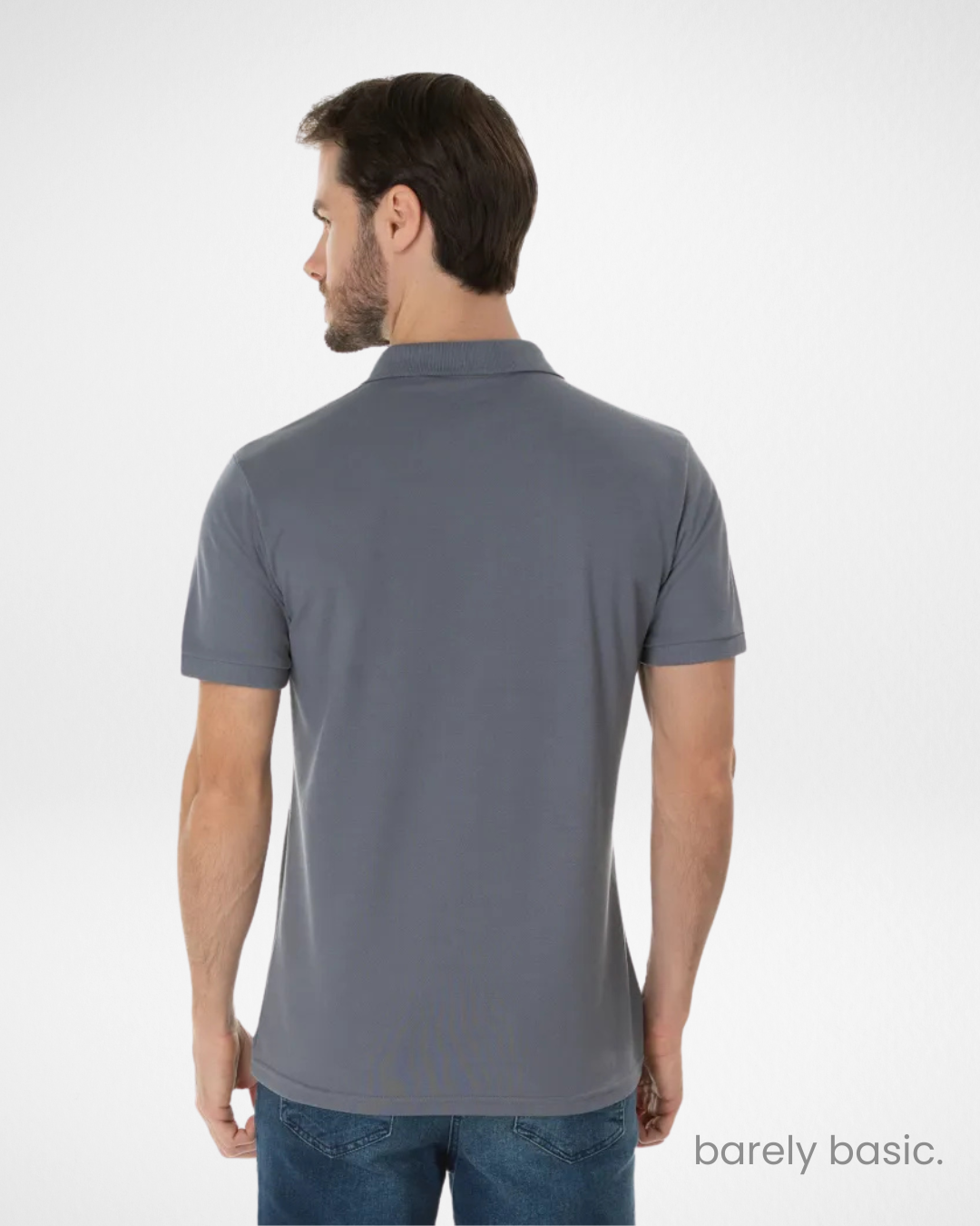 dark grey piqué polo shirt front and angled view; subtle and elegant grey polo for men; cotton blend dark grey shirt with classic fit; textured and breathable dark grey piqué fabric; casual and refined men’s polo in dark grey tone