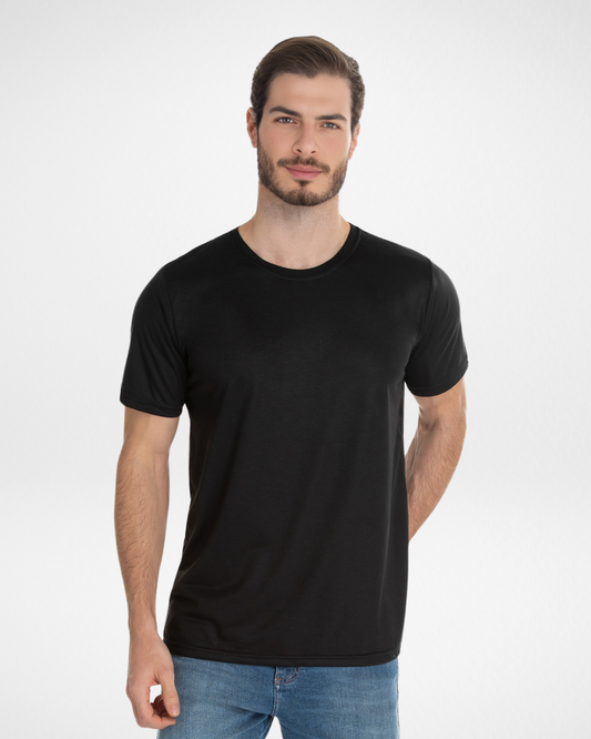 black premium cotton t-shirt for men front view; classic black crew neck shirt with breathable cotton fabric; soft and durable men’s black t-shirt for daily wear; regular fit black tee styled for comfort and versatility; fade-resistant black cotton t-shirt with clean design
