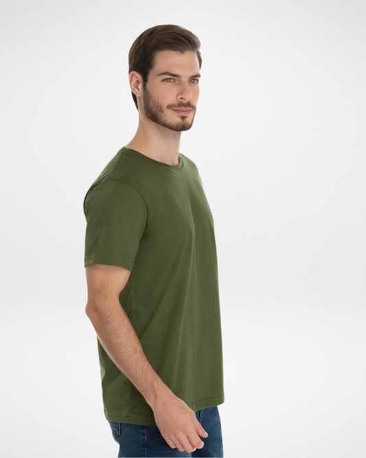 military green premium cotton t-shirt for men front view; breathable and soft military green crew neck tee; slim fit men’s t-shirt in military green cotton; durable and fade-resistant army green shirt; versatile men’s cotton t-shirt in military green color