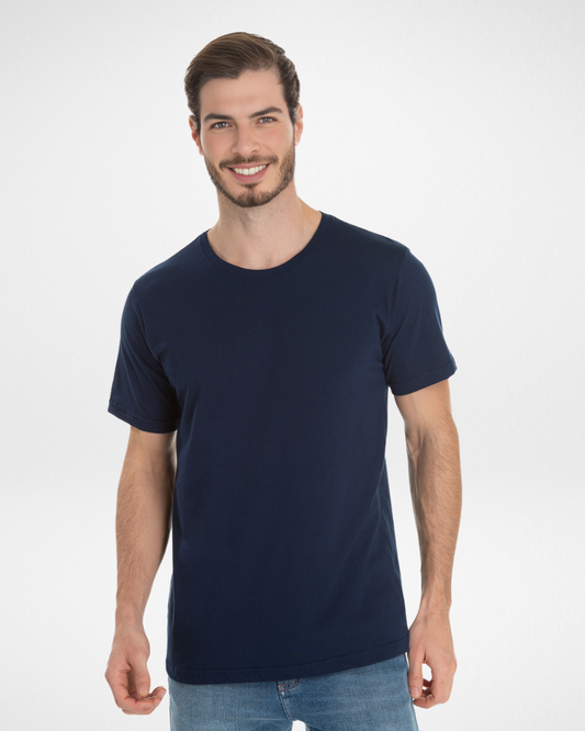 navy blue premium cotton t-shirt for men front view; men’s soft and breathable navy crew neck shirt; regular fit navy blue cotton tee for daily wear; durable and colorfast men’s navy t-shirt; classic navy blue cotton t-shirt for casual and smart looks