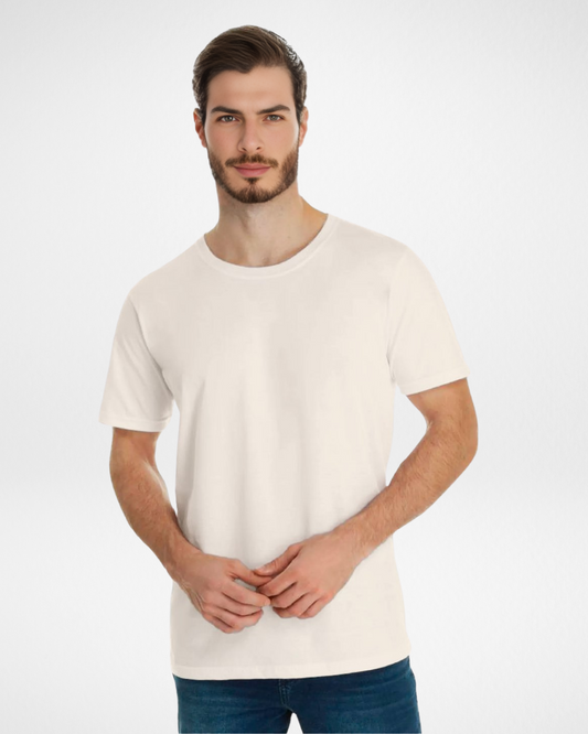 off white premium cotton t-shirt front view; soft and breathable men’s off white tee; classic crew neck cotton shirt in off white; slim fit off white t-shirt for casual and smart looks; durable and fade-resistant off white tee for daily wear