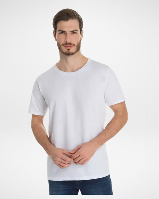 white premium cotton t-shirt for men front view; classic white crew neck t-shirt with soft cotton fabric; breathable and lightweight men’s white tee; regular fit white shirt for casual and layered looks; durable and fade-resistant cotton t-shirt in white