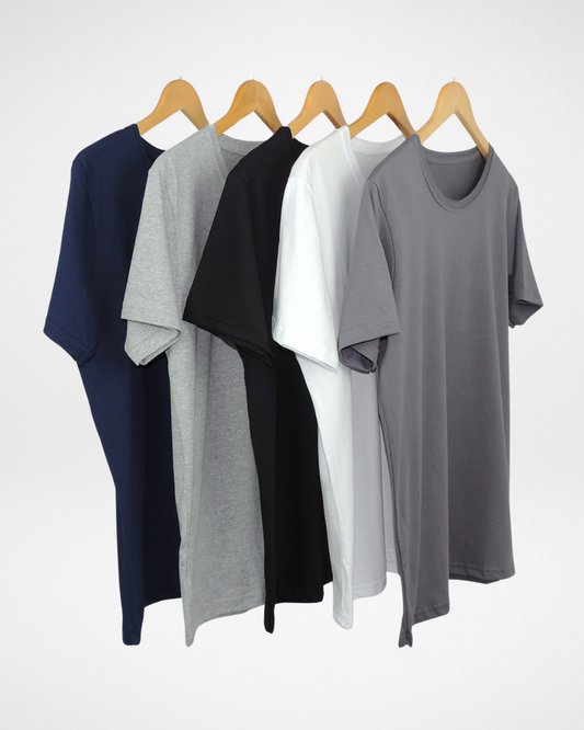5-pack of men’s premium cotton t-shirts in assorted colors; folded basic cotton t-shirts arranged side by side; classic crew neck cotton tees in black, white, navy blue, light grey, and military green; soft and breathable fabric ideal for everyday wear; versatile and comfortable cotton t-shirt bundle for men
