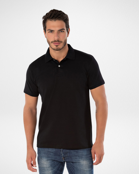 black piqué polo shirt for men with classic collar; soft and fitted black short sleeve polo; breathable black polo shirt for work or casual wear; men’s cotton blend black polo with button placket; modern and versatile black piqué polo shirt front and side view