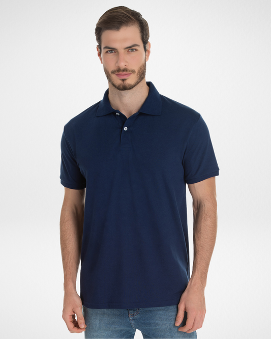  navy blue piqué polo shirt for men front view; classic navy blue short sleeve polo with ribbed details; breathable and stylish navy men’s polo shirt; smart-casual navy piqué polo for everyday use; soft textured navy blue cotton blend polo for versatile outfits